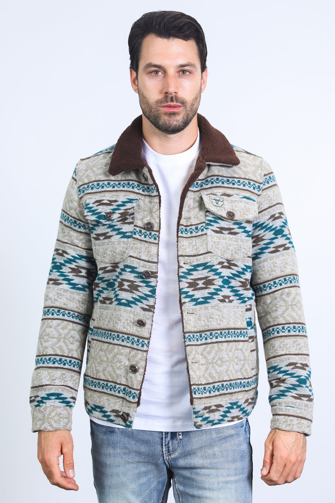 Aztec Quilted Fur-Lined Jacket II | Men's Ethnic Print Winter Coat | Beige Camel Black Red Burgundy Grey