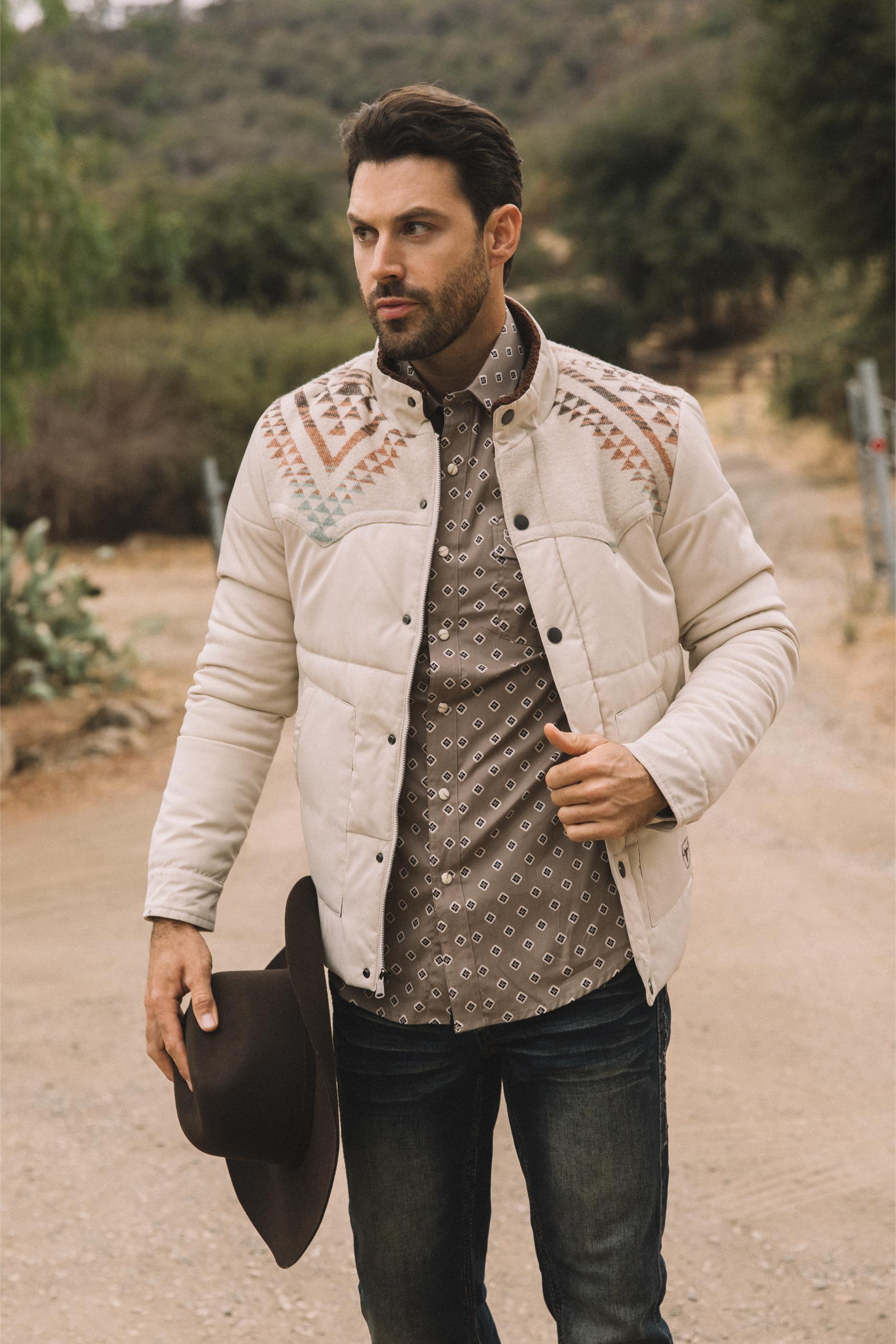 Aztec Quilted Fur-Lined Twill Jacket | Men's Ethnic Winter Coat | Brown Beige Black Grey