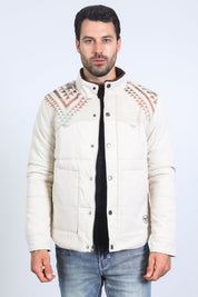 Beige Aztec Quilted Fur-Lined Twill Jacket | Jacket | Men's Ethnic Aztec Twill Beige