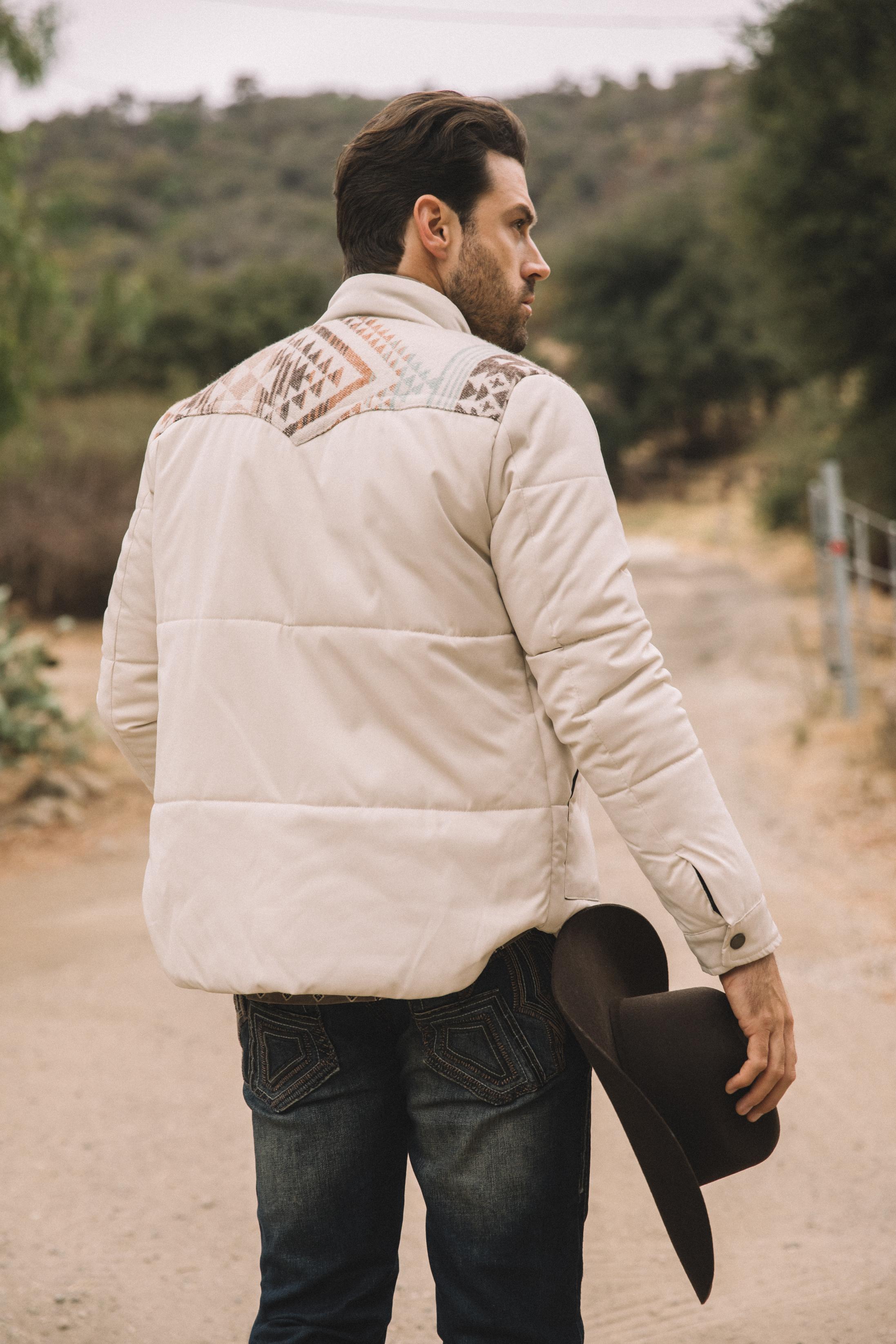 Beige Aztec Quilted Fur-Lined Twill Jacket | Jacket | Men's Ethnic Aztec Twill Beige