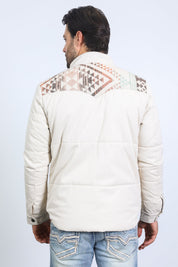 Beige Aztec Quilted Fur-Lined Twill Jacket | Jacket | Men's Ethnic Aztec Twill Beige
