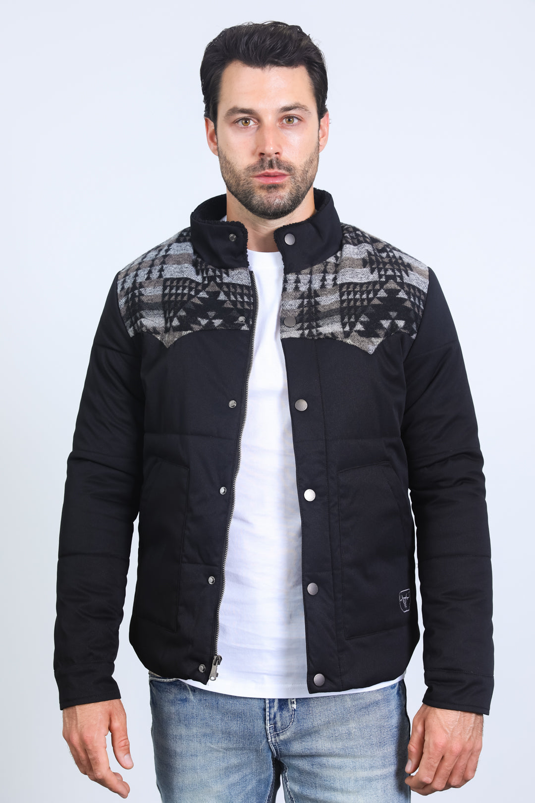 Black Aztec Quilted Fur-Lined Twill Jacket | Jacket | Men's Ethnic Aztec Twill Black
