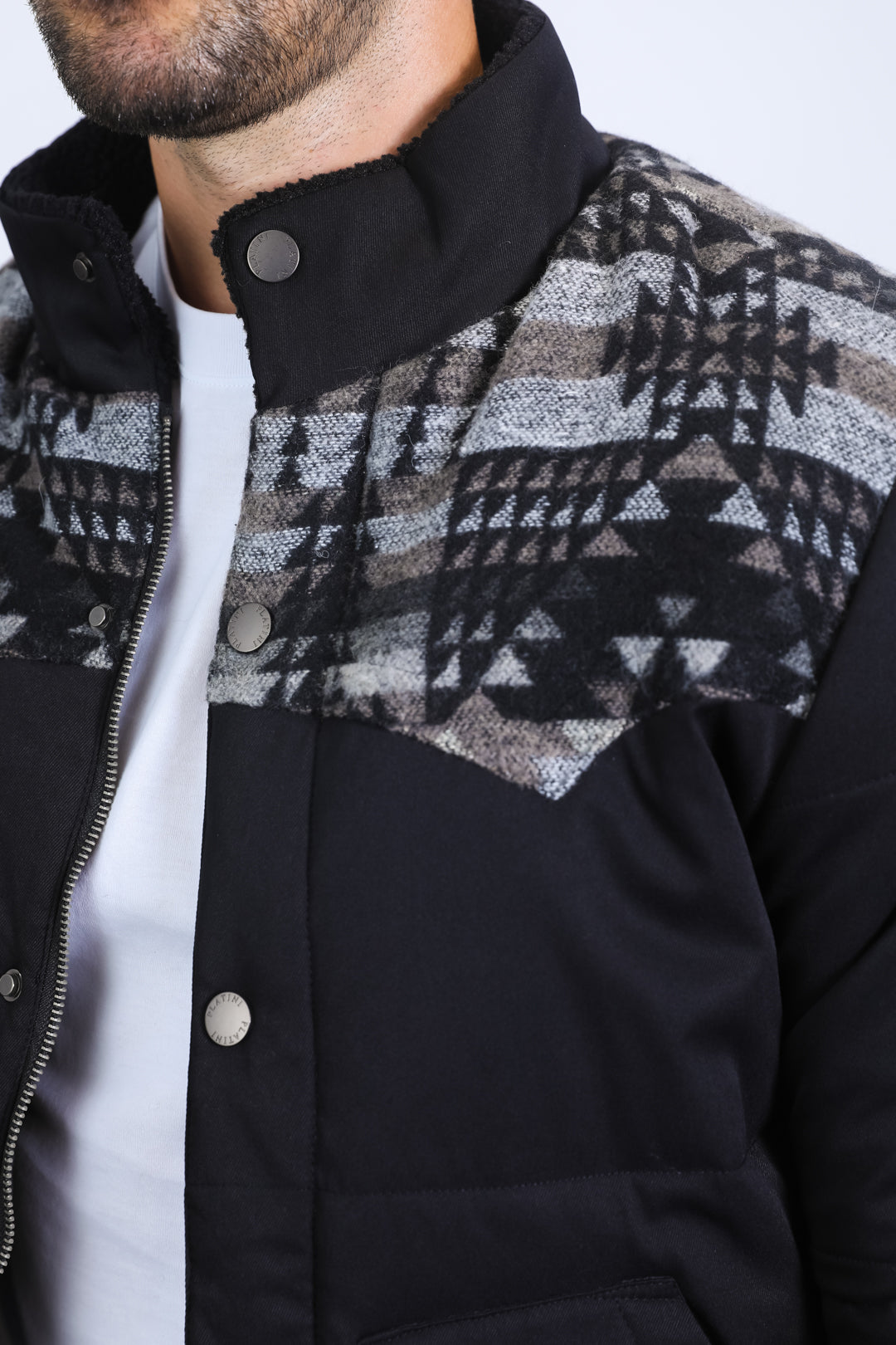 Black Aztec Quilted Fur-Lined Twill Jacket | Jacket | Men's Ethnic Aztec Twill Black
