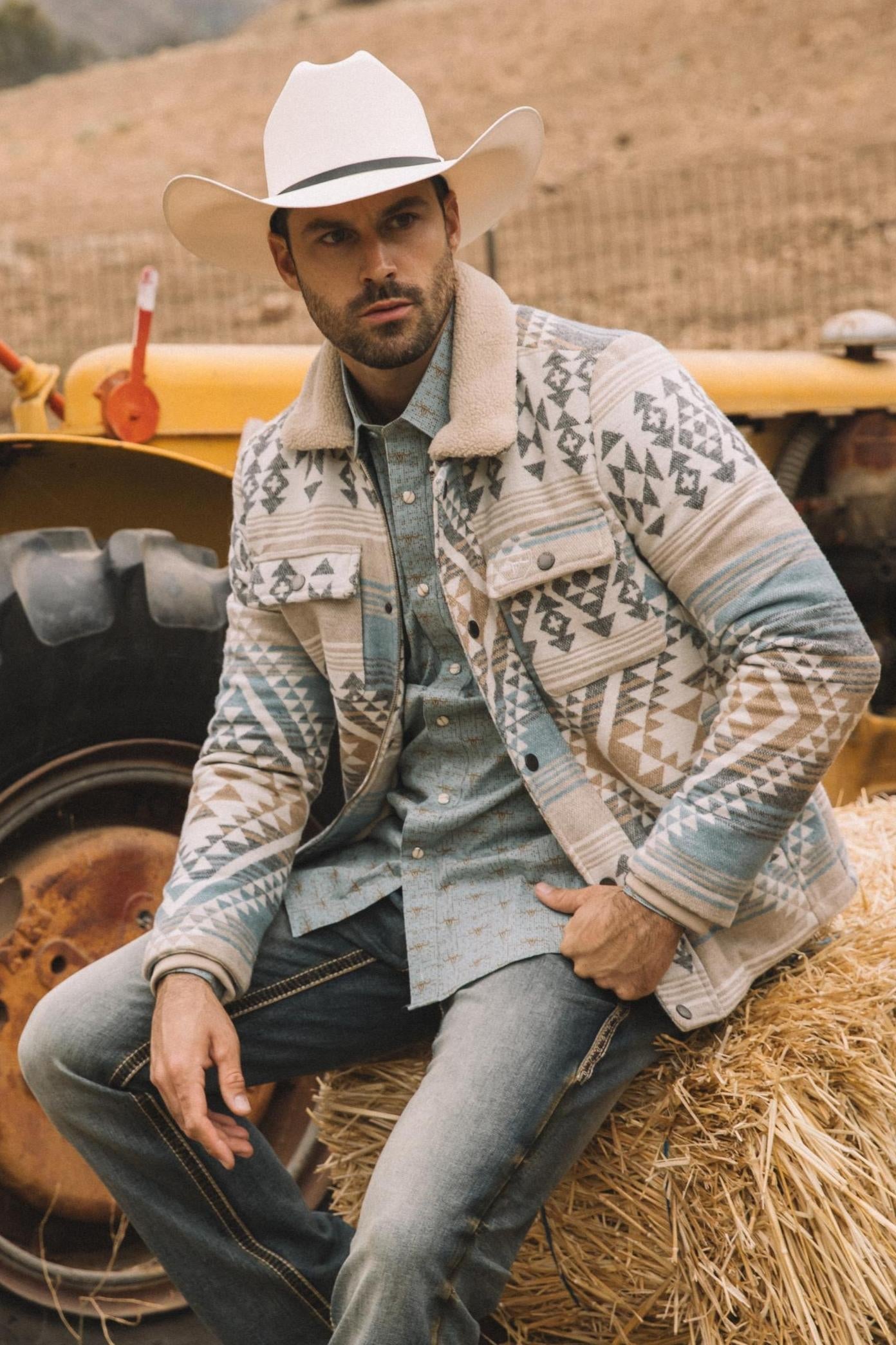 Aztec Quilted Twill Jacket | Men's Ethnic Patterned Coat | Beige Black Brown