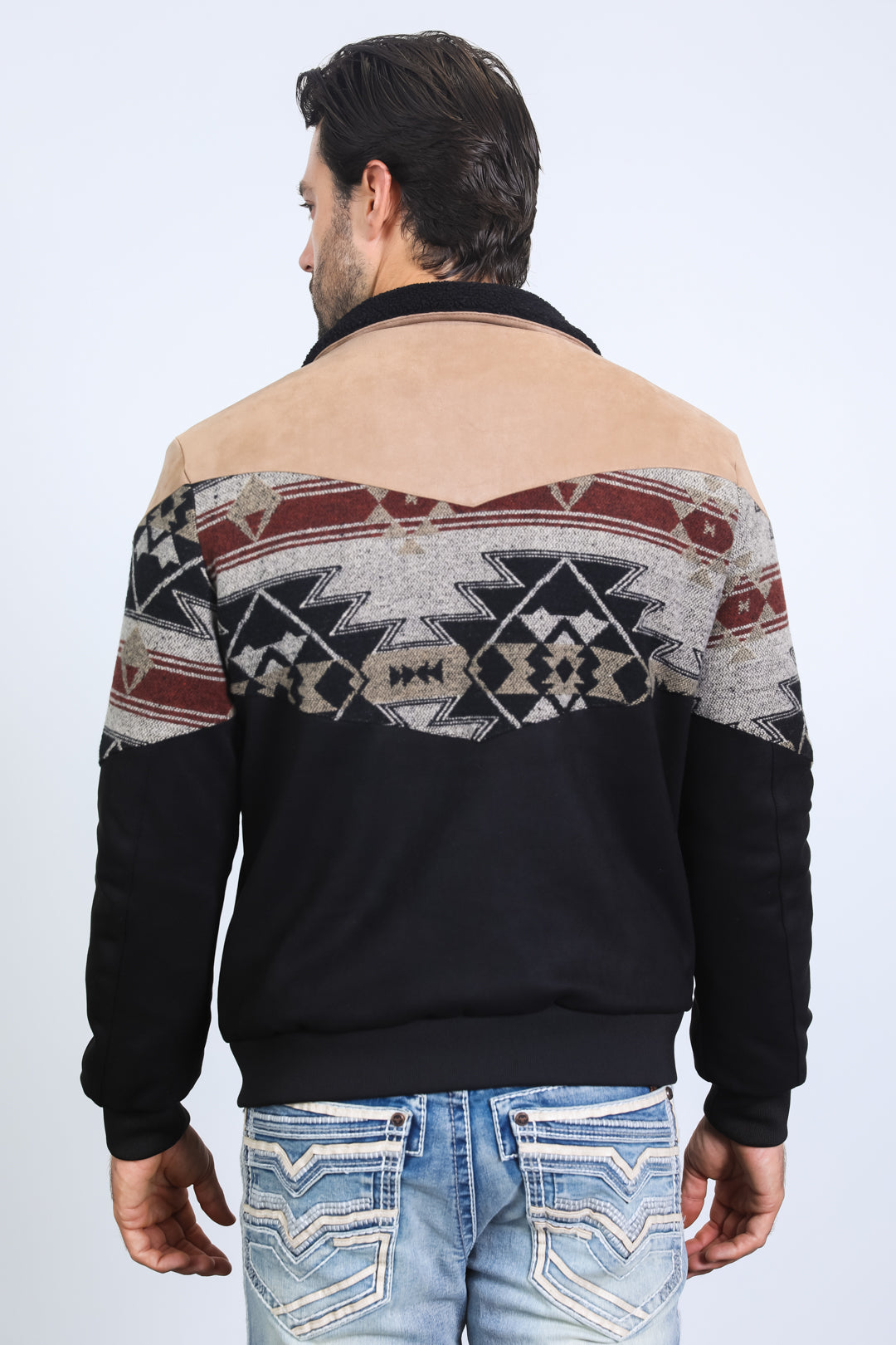 Aztec Suede Accent Quilted Jacket | Men's Ethnic Twill Coat | Black Beige Brown Charcoal