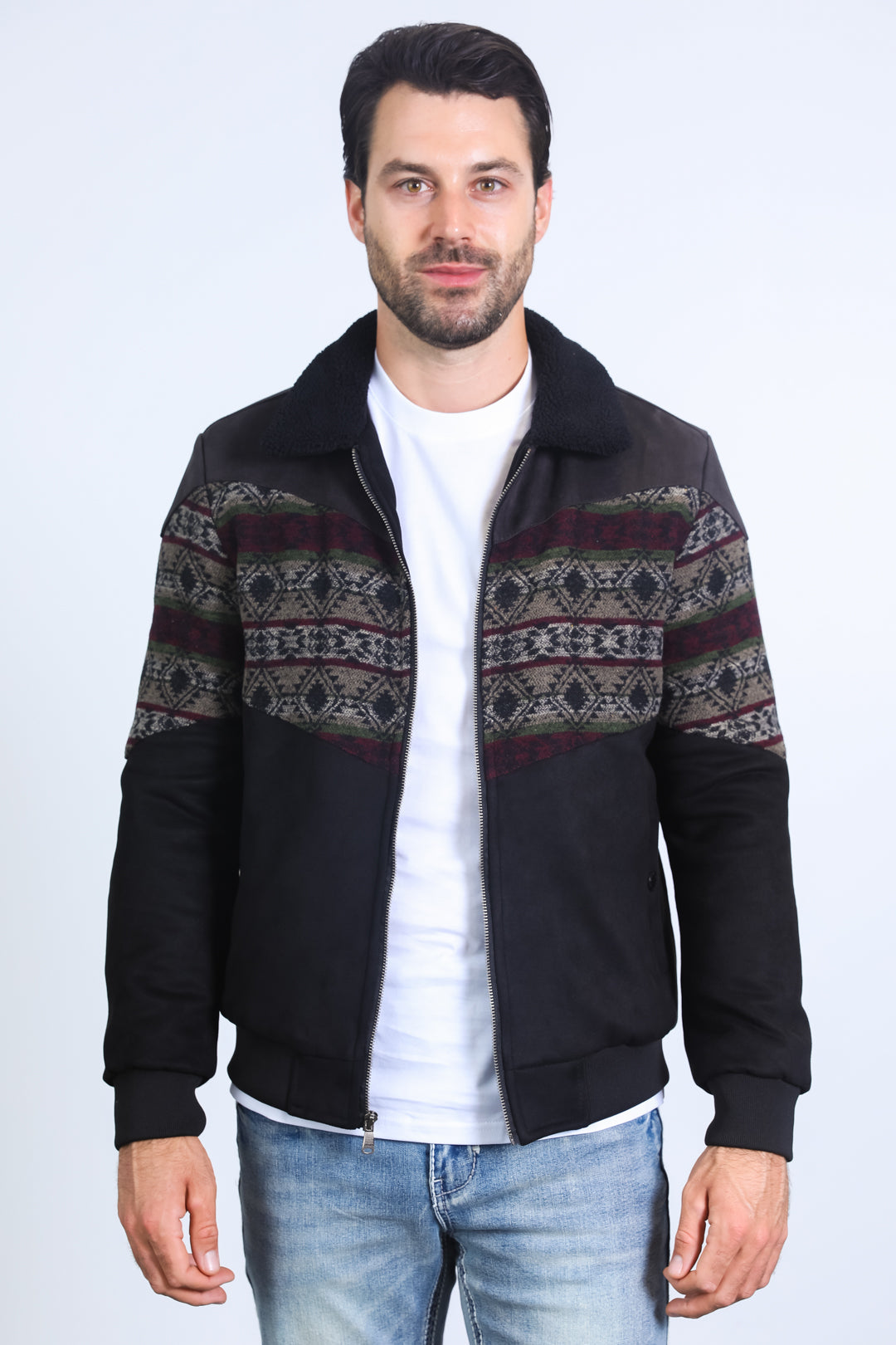 Aztec Suede Accent Quilted Jacket | Men's Ethnic Twill Coat | Black Beige Brown Charcoal