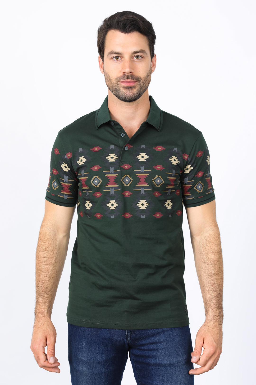 Aztec Motif Row Polo Shirt | Polo | Men's Cotton Stretch Green Aztec Print