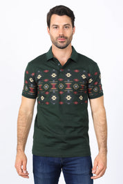 Aztec Motif Row Polo Shirt | Polo | Men's Cotton Stretch Green Aztec Print