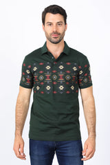 Aztec Motif Row Polo Shirt | Polo | Men's Cotton Stretch Green Aztec Print