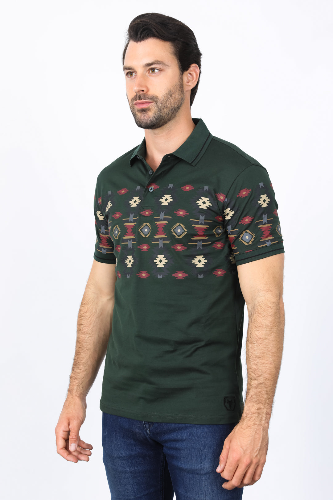 Aztec Motif Row Polo Shirt | Polo | Men's Cotton Stretch Green Aztec Print