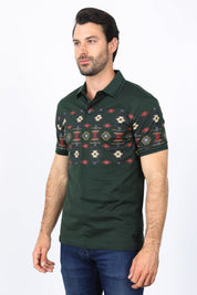 Aztec Motif Row Polo Shirt | Polo | Men's Cotton Stretch Green Aztec Print
