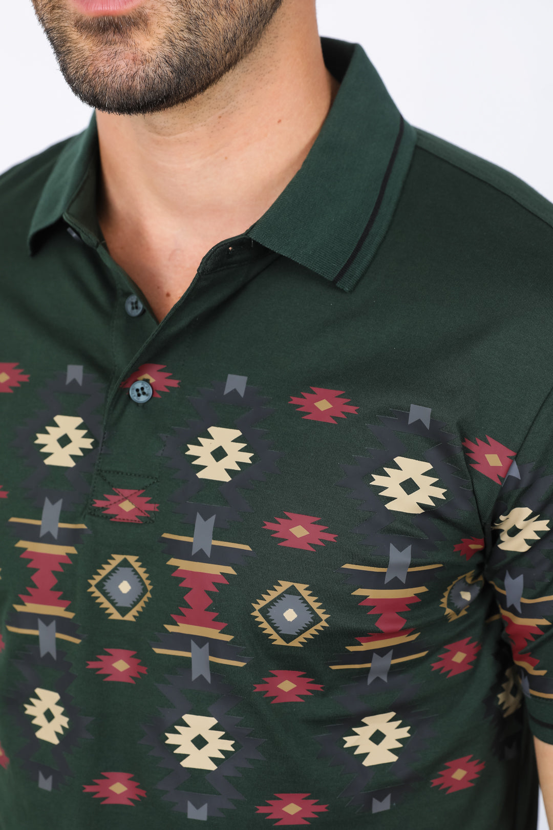 Aztec Motif Row Polo Shirt | Polo | Men's Cotton Stretch Green Aztec Print