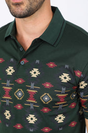 Aztec Motif Row Polo Shirt | Polo | Men's Cotton Stretch Green Aztec Print