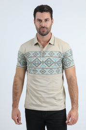 Aztec Border Stripe Polo | Polo Shirt | Men's Beige Cotton