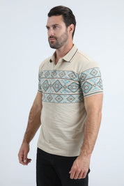 Aztec Border Stripe Polo | Polo Shirt | Men's Beige Cotton