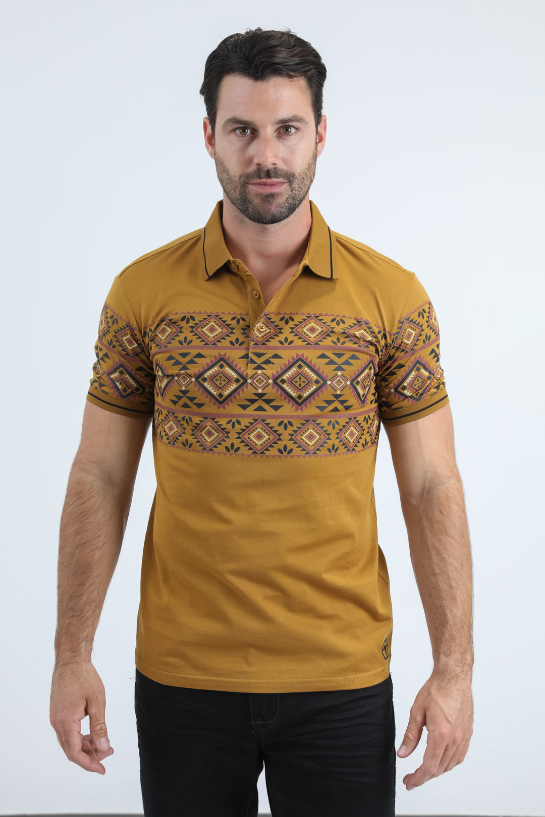 Aztec Border Stripe Polo | Polo Shirt | Men's Camel Cotton