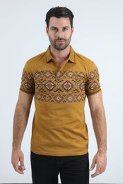 Aztec Border Stripe Polo | Polo Shirt | Men's Camel Cotton