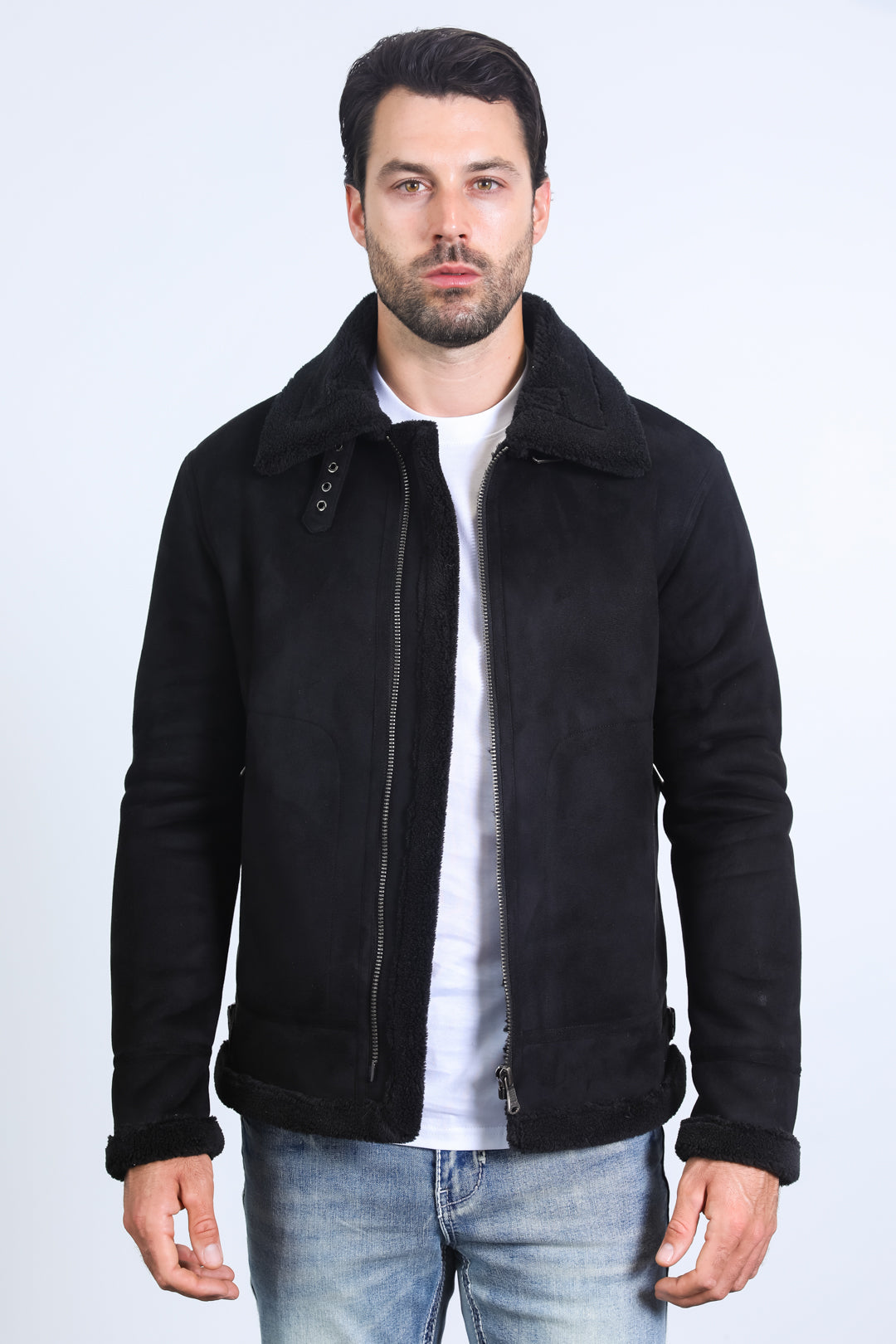 Suede Shearling Jacket | Men's Faux Shearling-Lined Suede Coat | White Brown Black