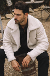 Suede Shearling Jacket | Men's Faux Shearling Lined Coat | White Brown Black