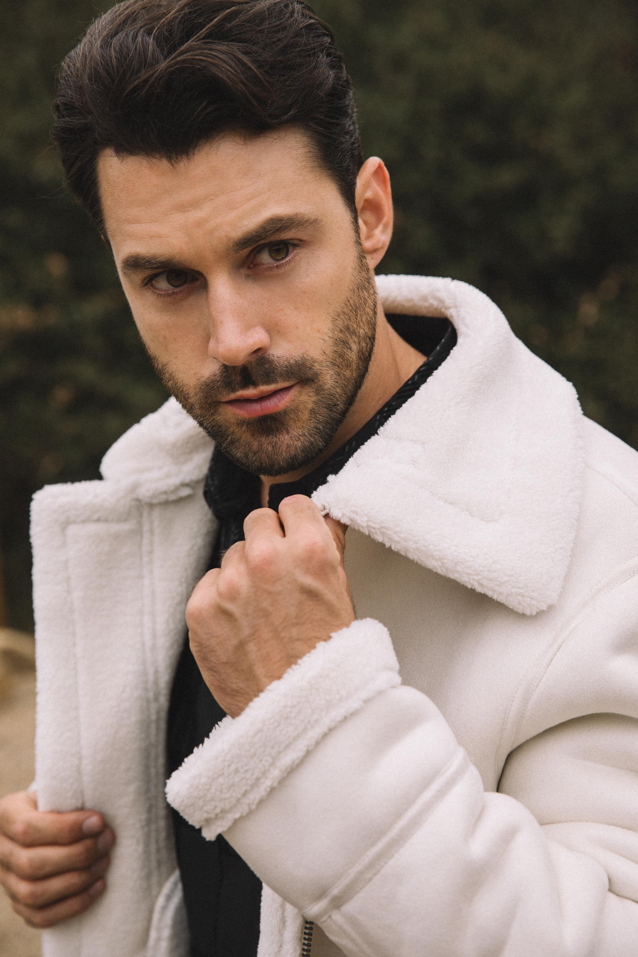 Suede Shearling Jacket | Men's Faux Shearling Lined Coat | White Brown Black