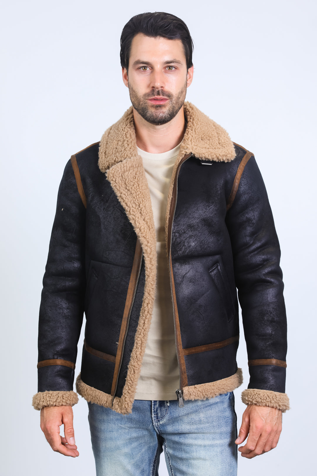 Washed Suede Shearling Jacket | Men's Faux Shearling Lined Coat | Brown Grey Black