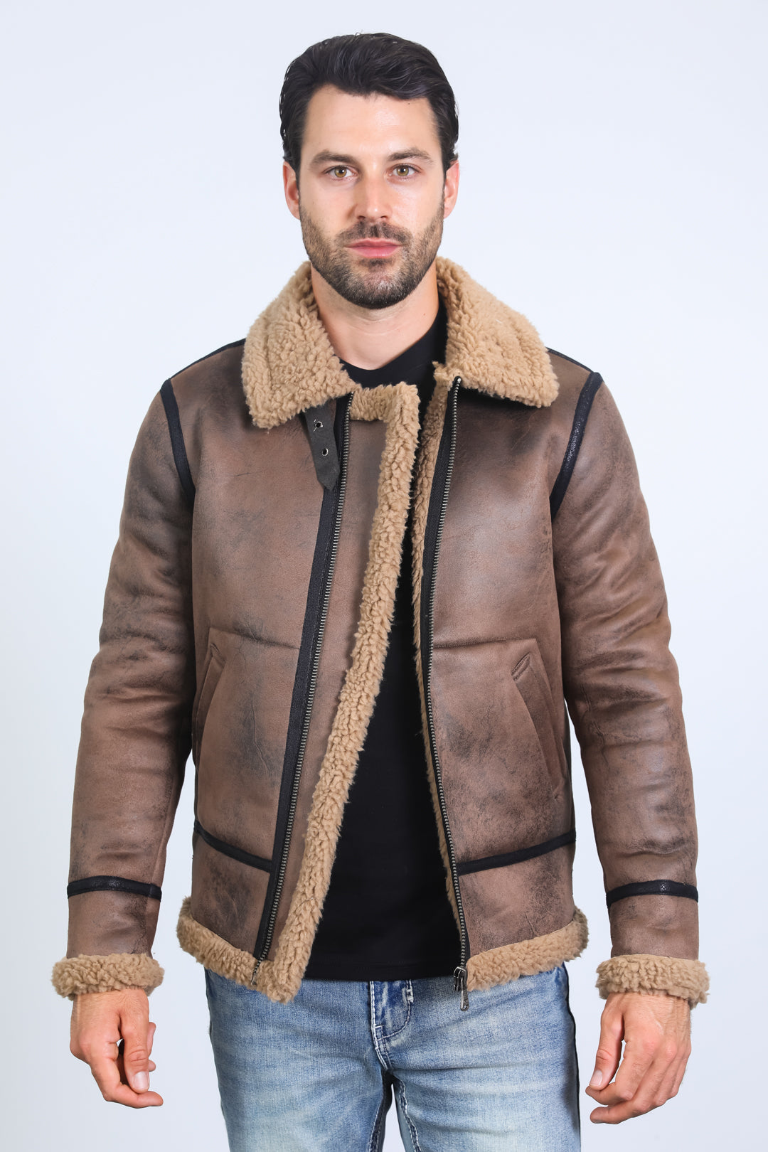 Washed Suede Shearling Jacket | Men's Faux Shearling Lined Winter Coat | Brown Grey Black