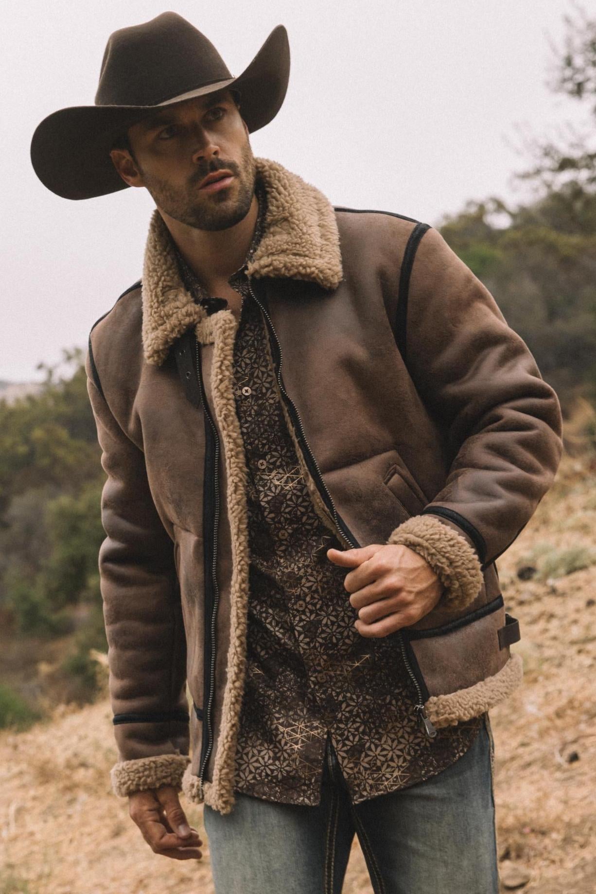 Washed Suede Shearling Jacket | Men's Winter Jacket | Men Suede Shearling Brown Grey Black