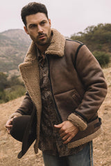 Washed Suede Shearling Jacket | Men's Faux Shearling Lined Winter Coat | Brown Grey Black