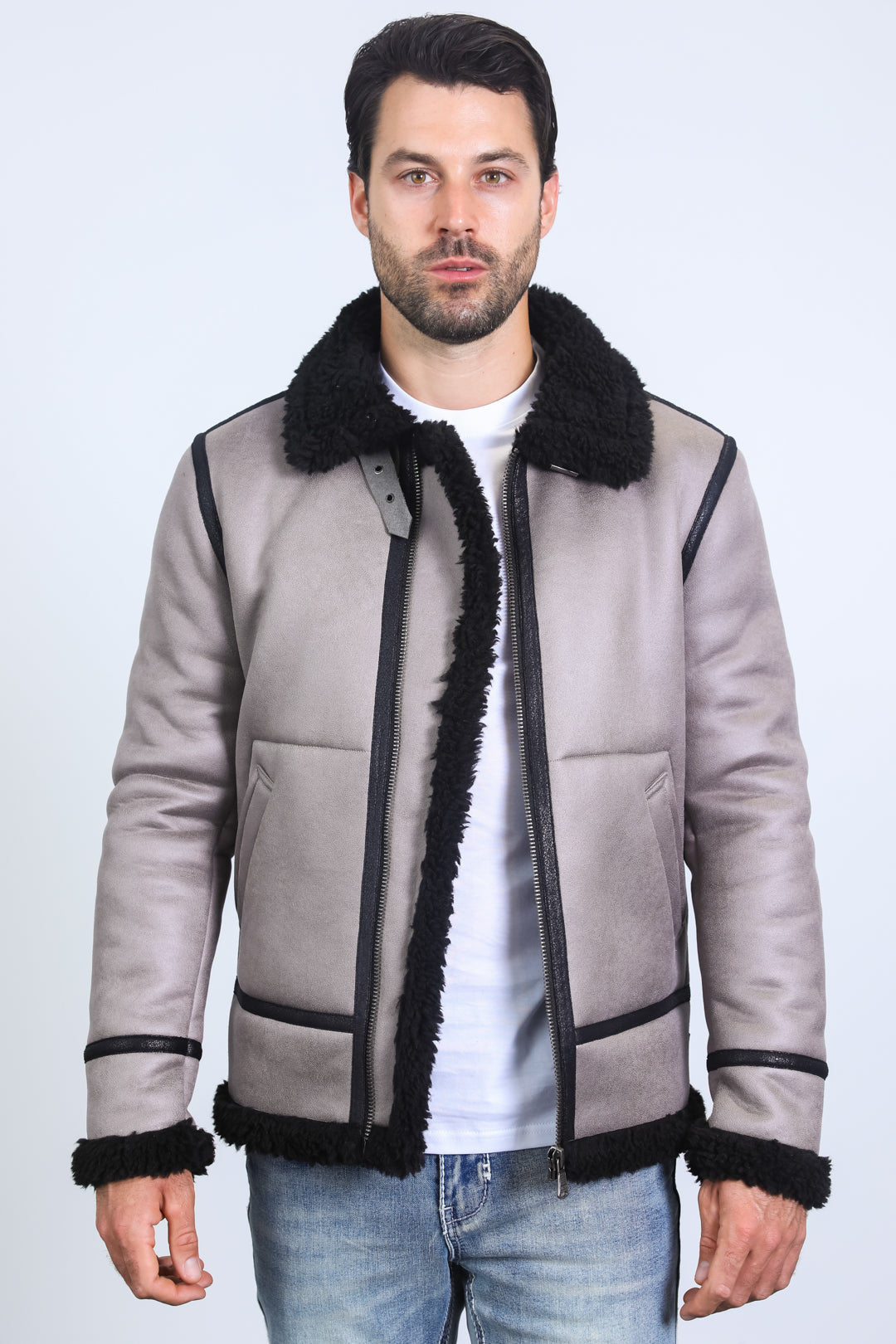 Washed Suede Shearling Jacket | Men's Winter Jacket | Men Suede Shearling Brown Grey Black