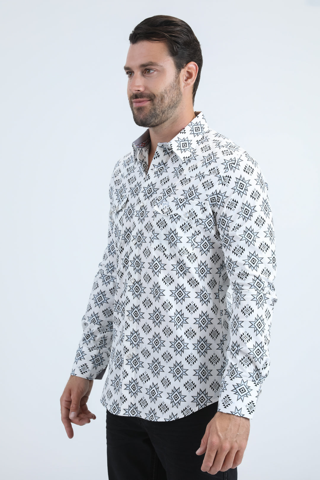 Tribal Stripe Western Shirt | Shirt | Men's Cotton Spandex White Snap Button Western