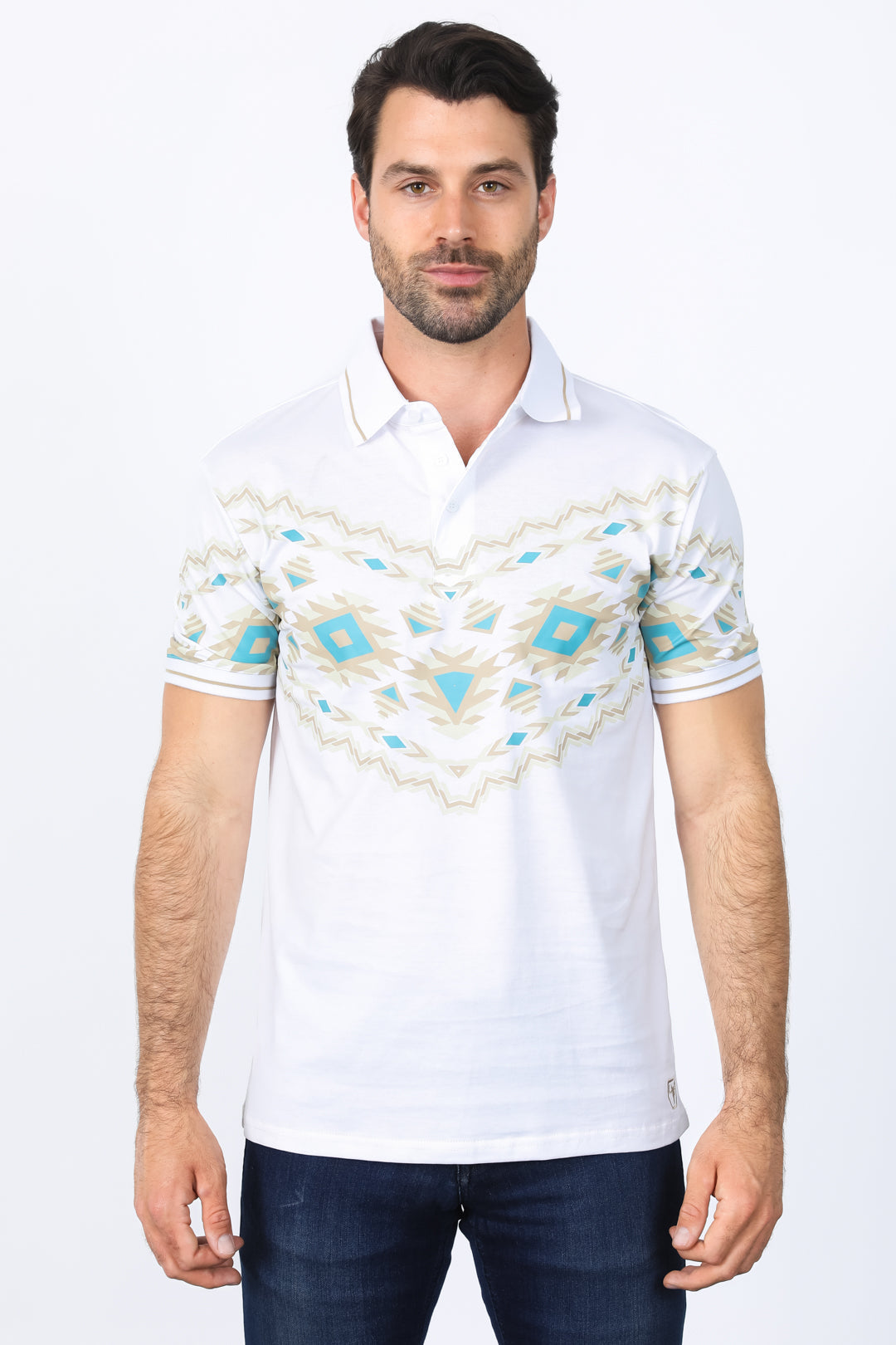 Aztec Diamond Band Polo Shirt | Polo | Men's Cotton Stretch White Aztec Print