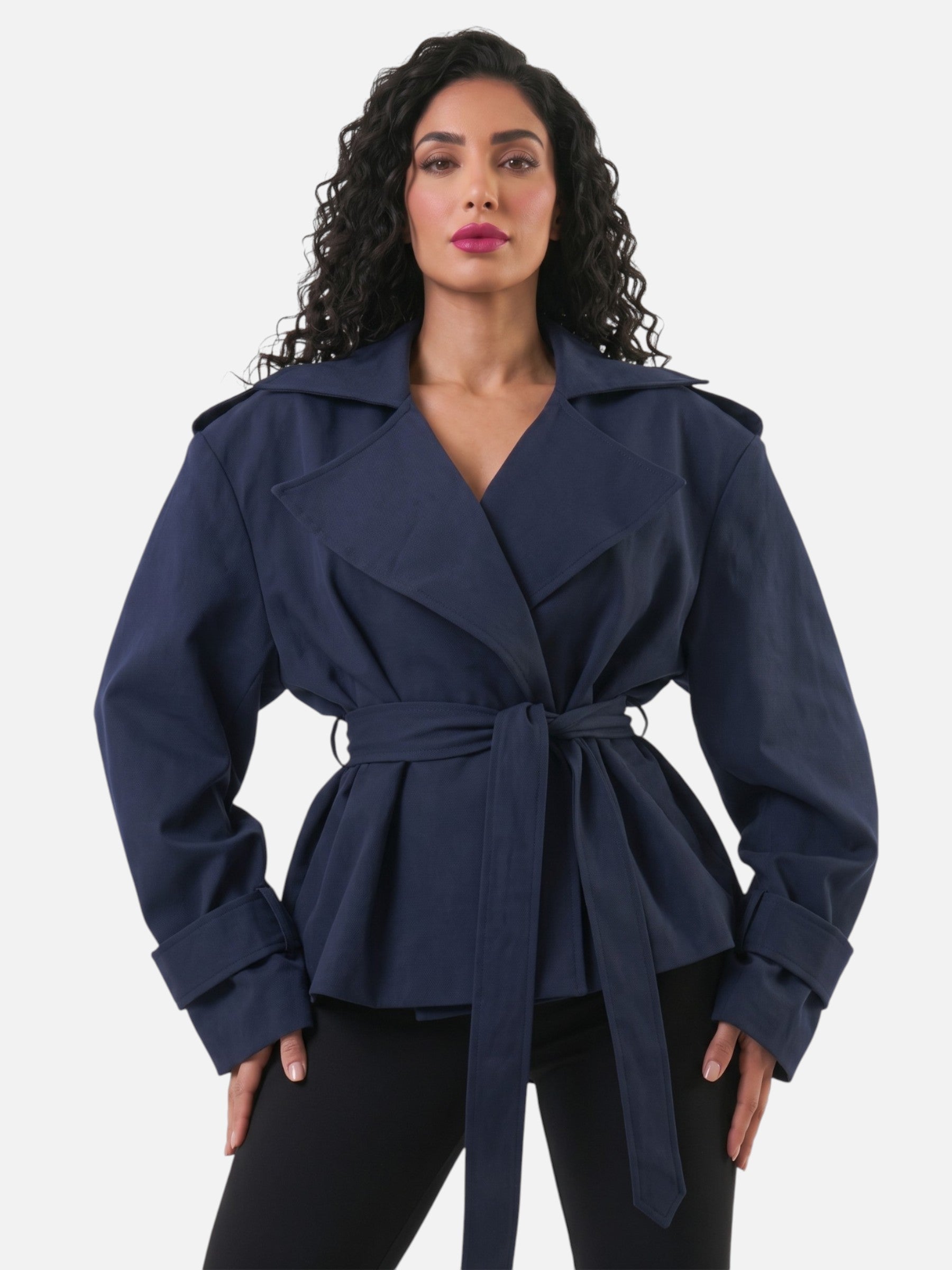 Women's Cropped Trench Coat Contemporary Commuter Style Belted Autumn Outerwear