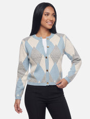 Women's Elegant Diamond Pattern Cardigan | Open Front Knit Jacket Autumn Knitwear Sky Blue Beige Navy Burgundy Black