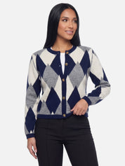 Women's Elegant Diamond Pattern Cardigan | Open Front Knit Jacket Autumn Knitwear Sky Blue Beige Navy Burgundy Black
