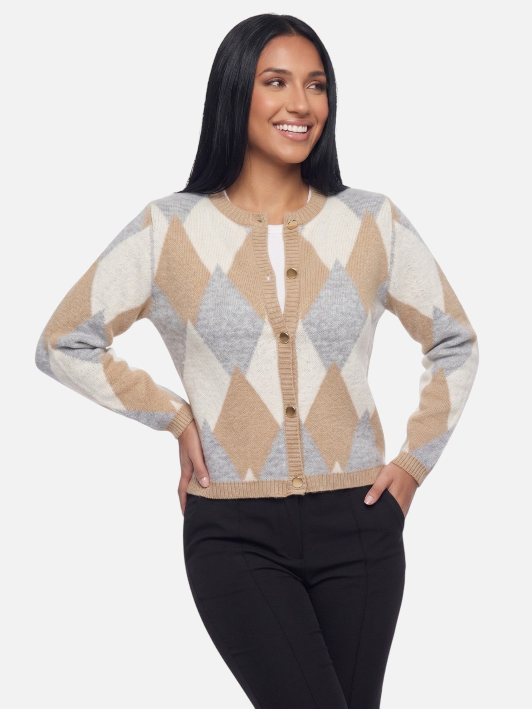 Women's Elegant Diamond Pattern Cardigan | Open Front Knit Jacket Autumn Knitwear Sky Blue Beige Navy Burgundy Black