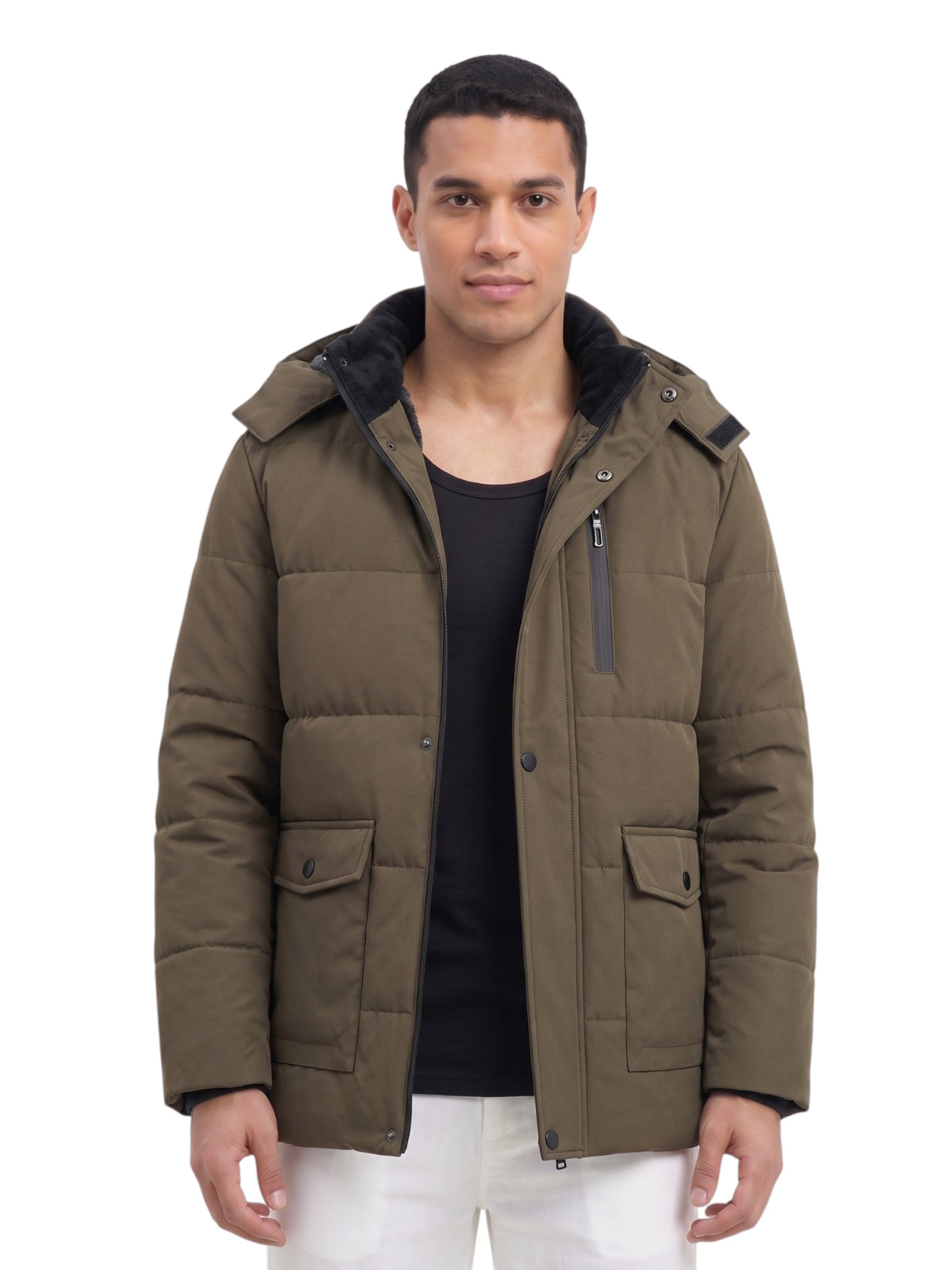 Men's Hooded Fleece-Lined Parka Jacket – Warm Insulated Winter Coat | Olive Green Black | M–5XL