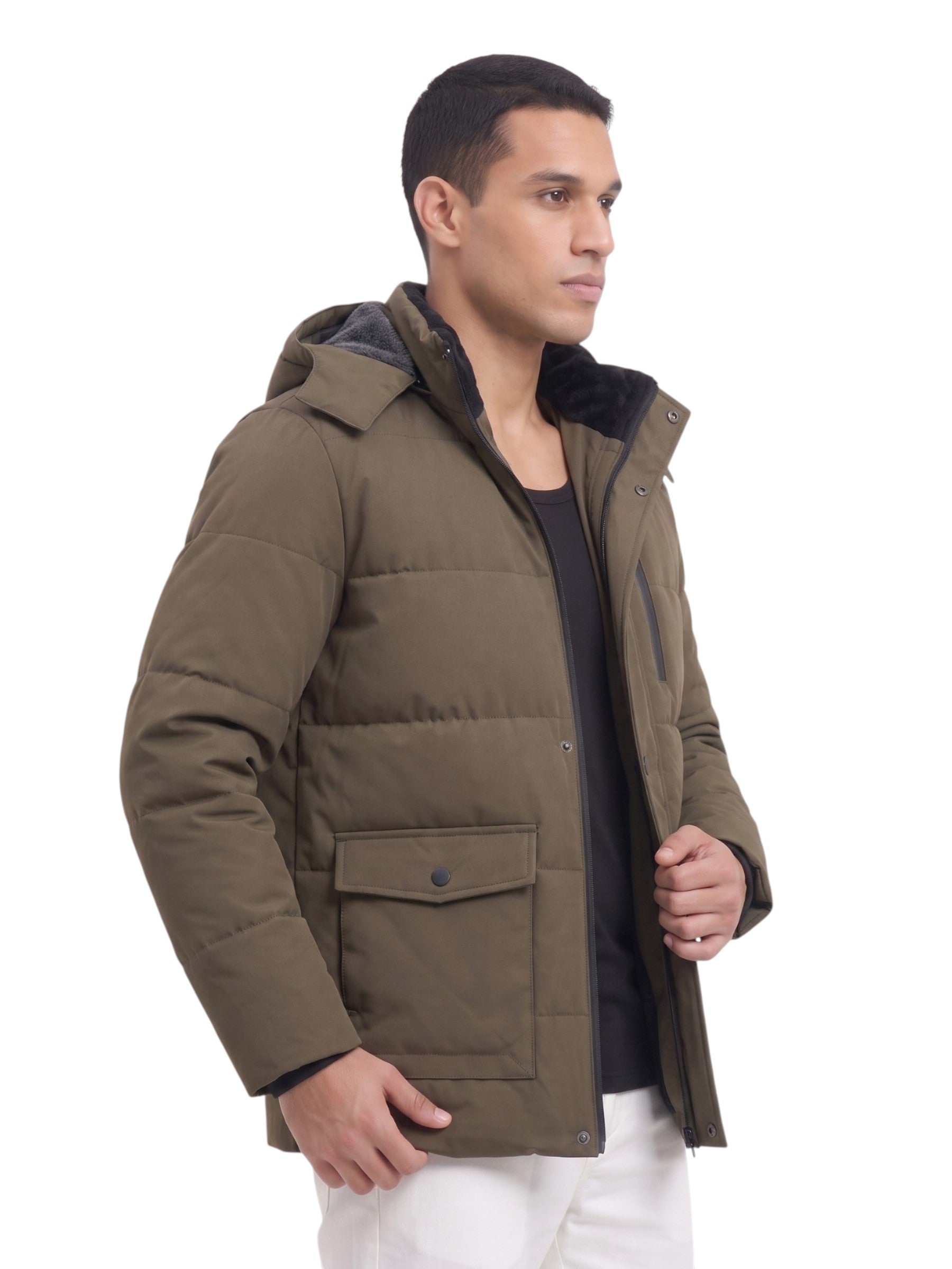 Men's Hooded Fleece-Lined Parka Jacket – Warm Insulated Winter Coat | Olive Green Black | M–5XL