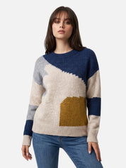 Women's Colour-Block Knit Sweater Casual Autumn Style | Beige Navy Grey Knitwear Pullover