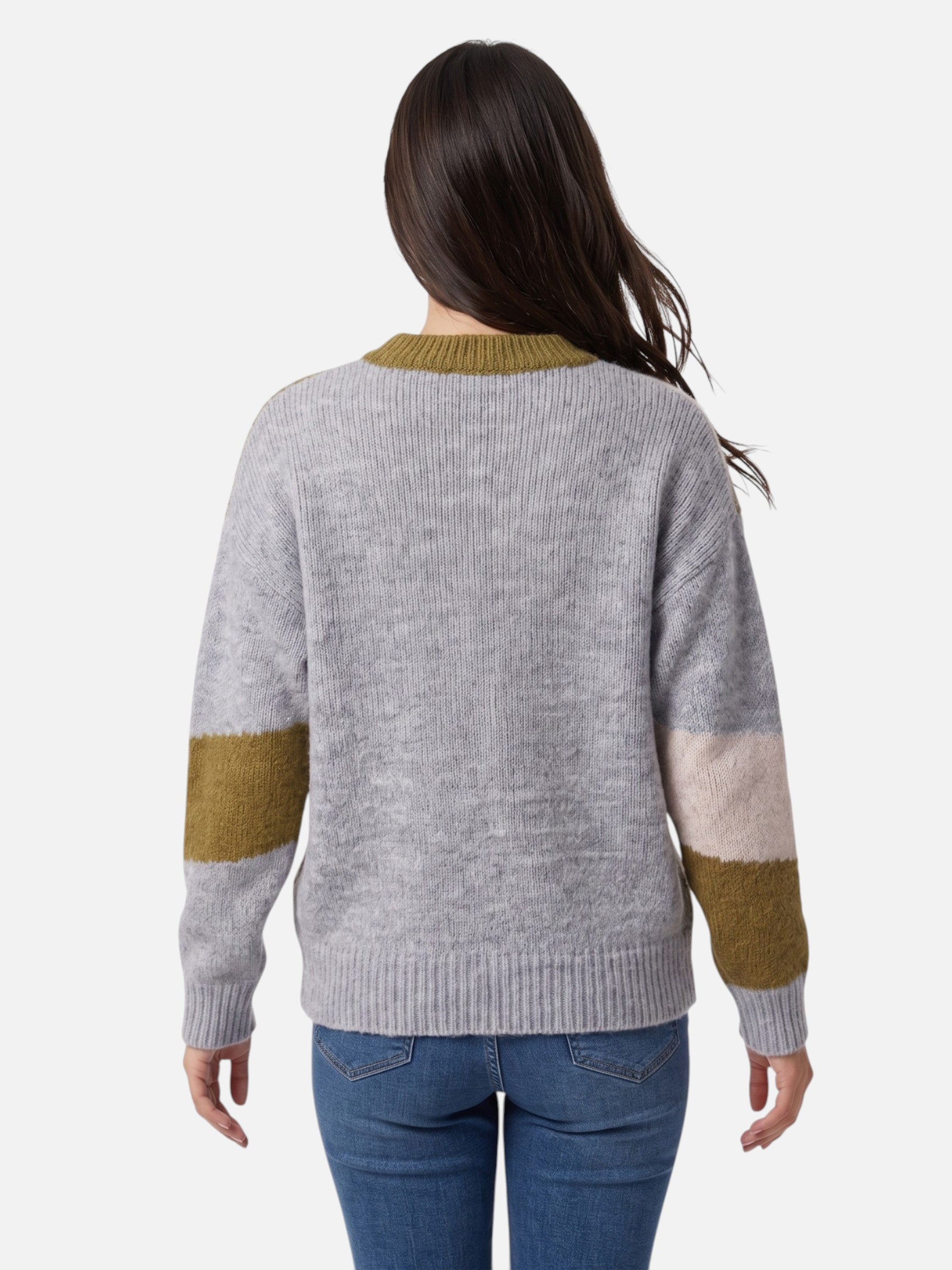 Women's Colour-Block Knit Sweater Casual Autumn Style | Beige Navy Grey Knitwear Pullover