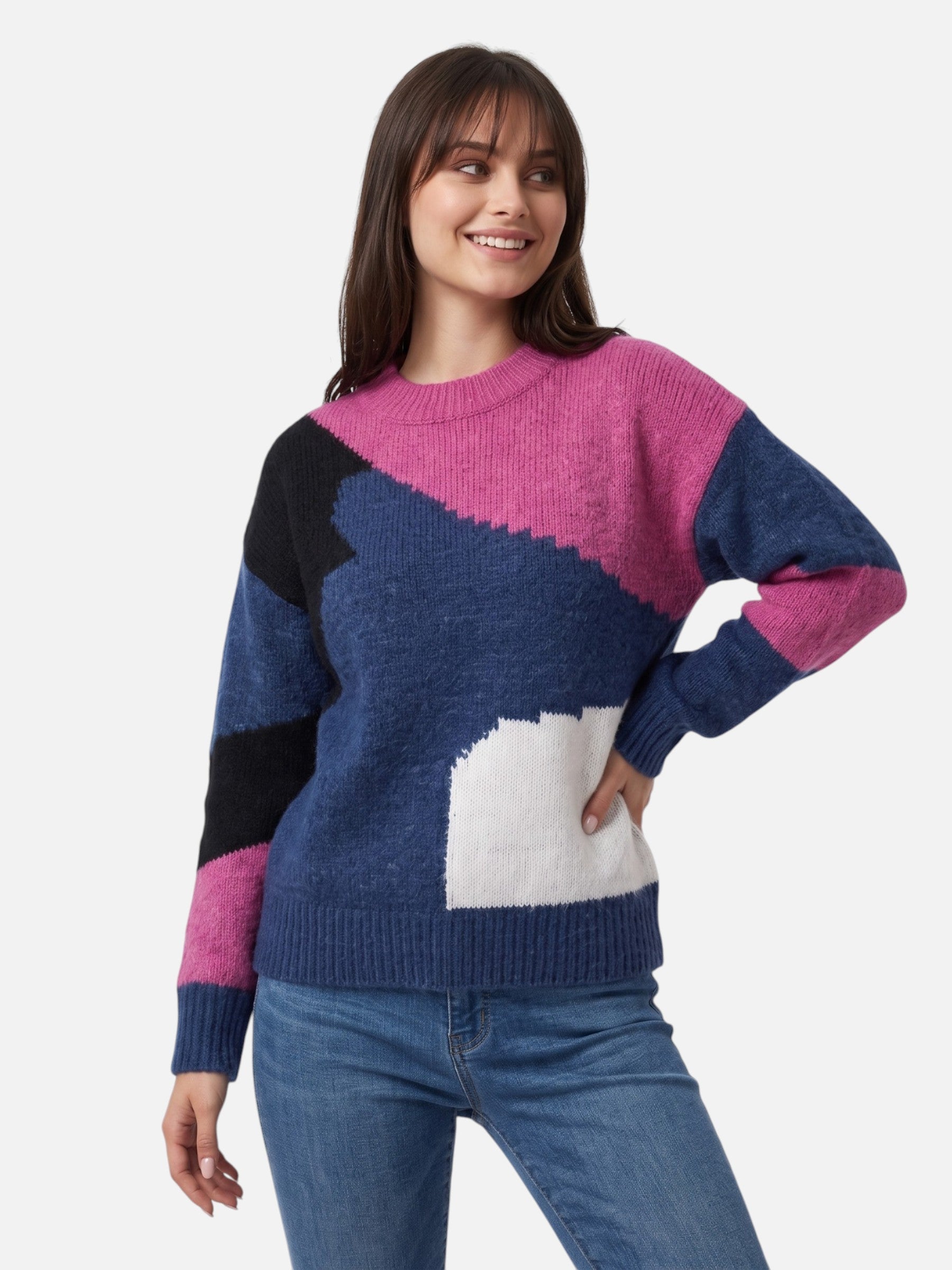 Women's Colour-Block Knit Sweater Casual Autumn Style Warm Pullover Knitwear