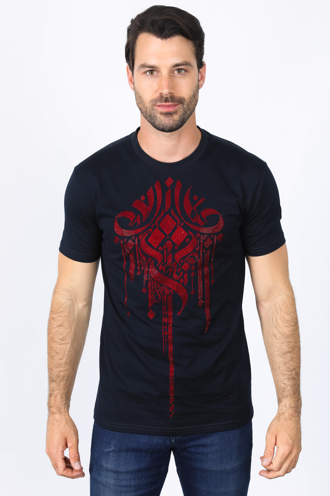 Rhinestone Abstract Graphic Tee | T-Shirt | Men's Cotton Navy Blue Embellished