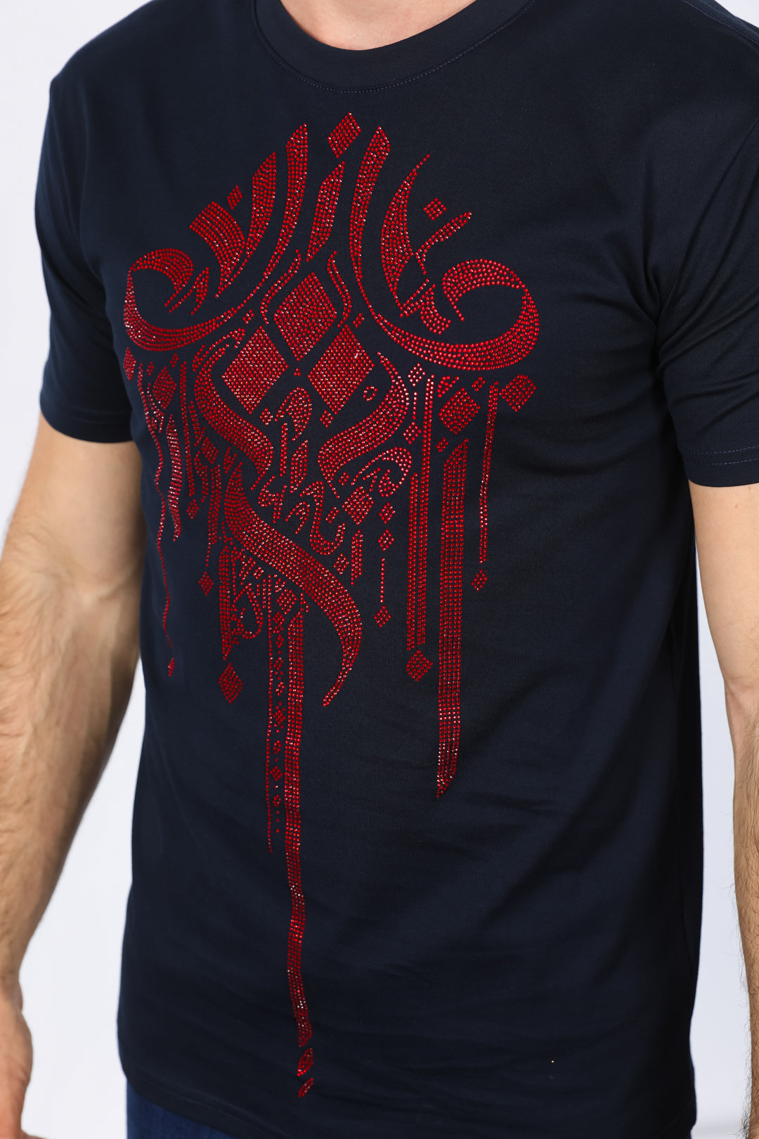 Rhinestone Abstract Graphic Tee | T-Shirt | Men's Cotton Navy Blue Embellished