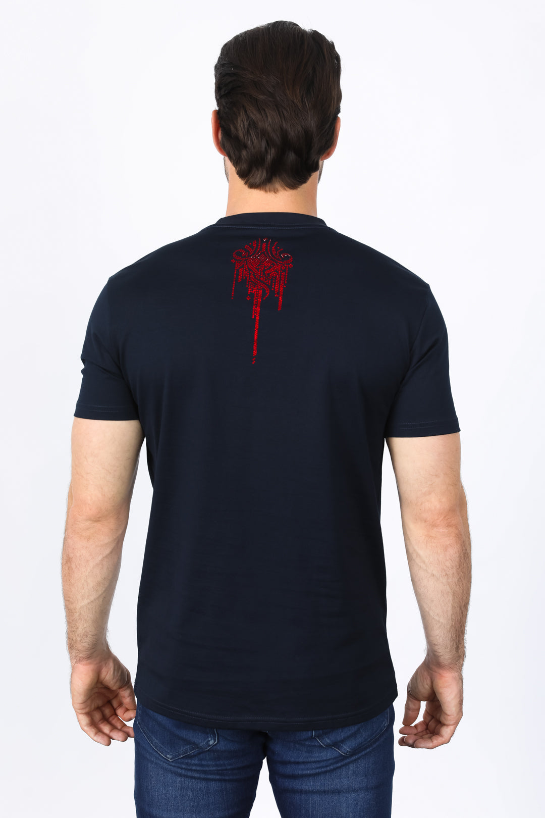 Rhinestone Abstract Graphic Tee | T-Shirt | Men's Cotton Navy Blue Embellished