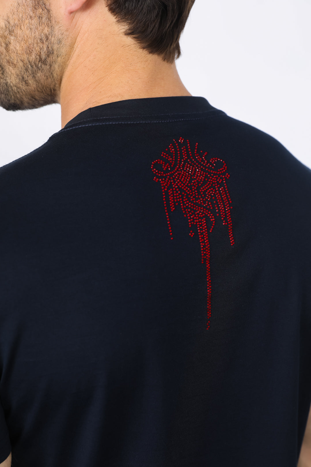 Rhinestone Abstract Graphic Tee | T-Shirt | Men's Cotton Navy Blue Embellished