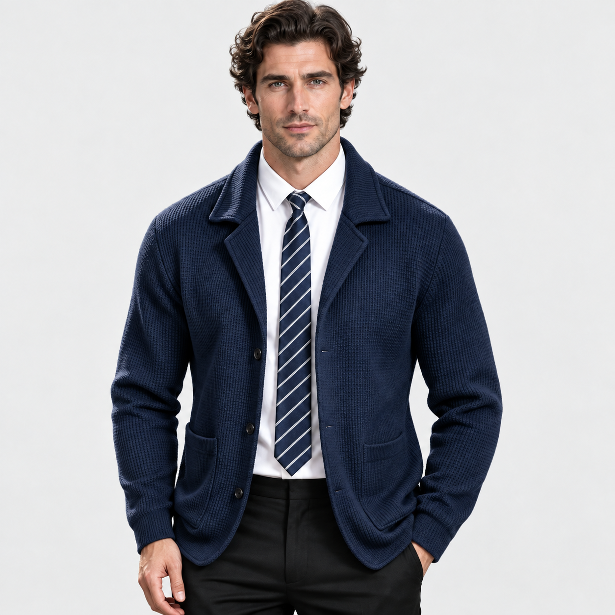 Men's Waffle Knit Jacket – Soft Stretch Loose Fit Winter Coat | Black Navy Grey Burgundy | S–3XL