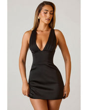 Halterneck Lace-Up A-Line Mini Dress | Women's Black Satin