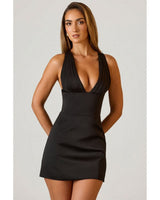 Halterneck Lace-Up A-Line Mini Dress | Women's Black Satin