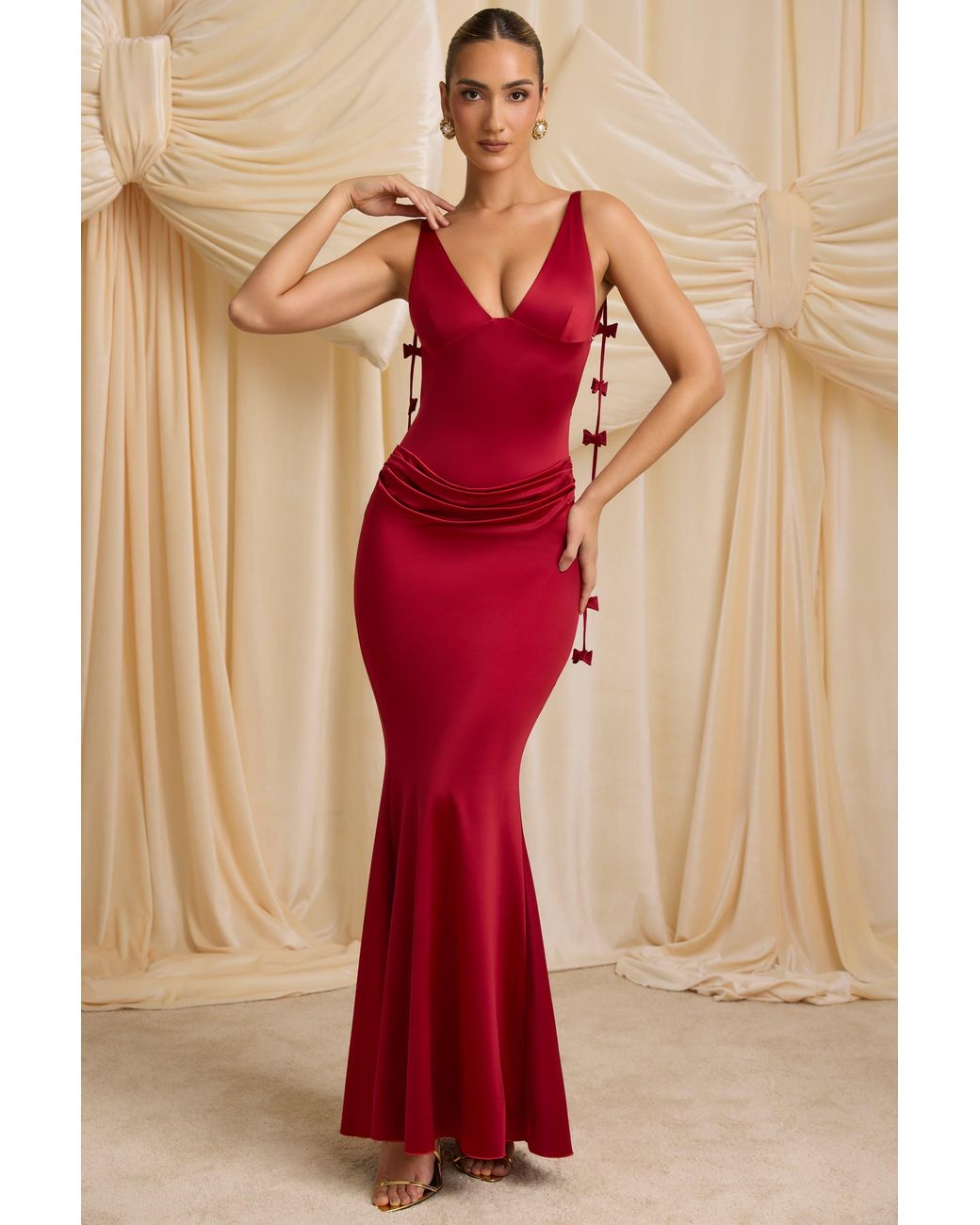 Bow-Detail Draped Open-Back Maxi Gown | Women's Red Modal Evening Gown