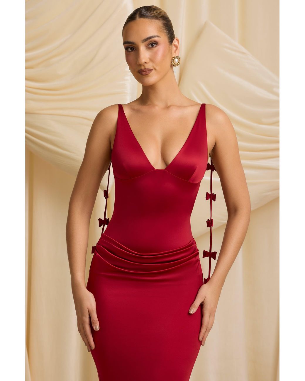 Bow-Detail Draped Open-Back Maxi Gown | Women's Red Modal Evening Gown
