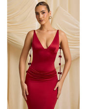 Bow-Detail Draped Open-Back Maxi Gown | Women's Red Modal Evening Gown